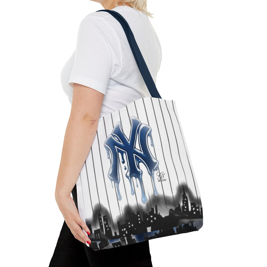 Drip NY Fan Gear Logo Pinstripe Tote Bag — Urban Baseball Cityscape by GT Artland