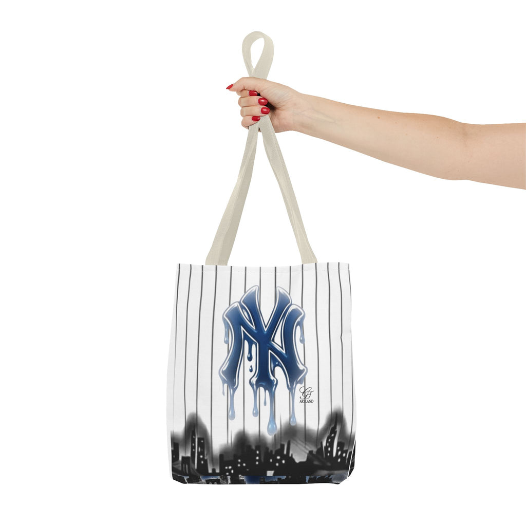 Drip NY Fan Gear Logo Pinstripe Tote Bag — Urban Baseball Cityscape by GT Artland