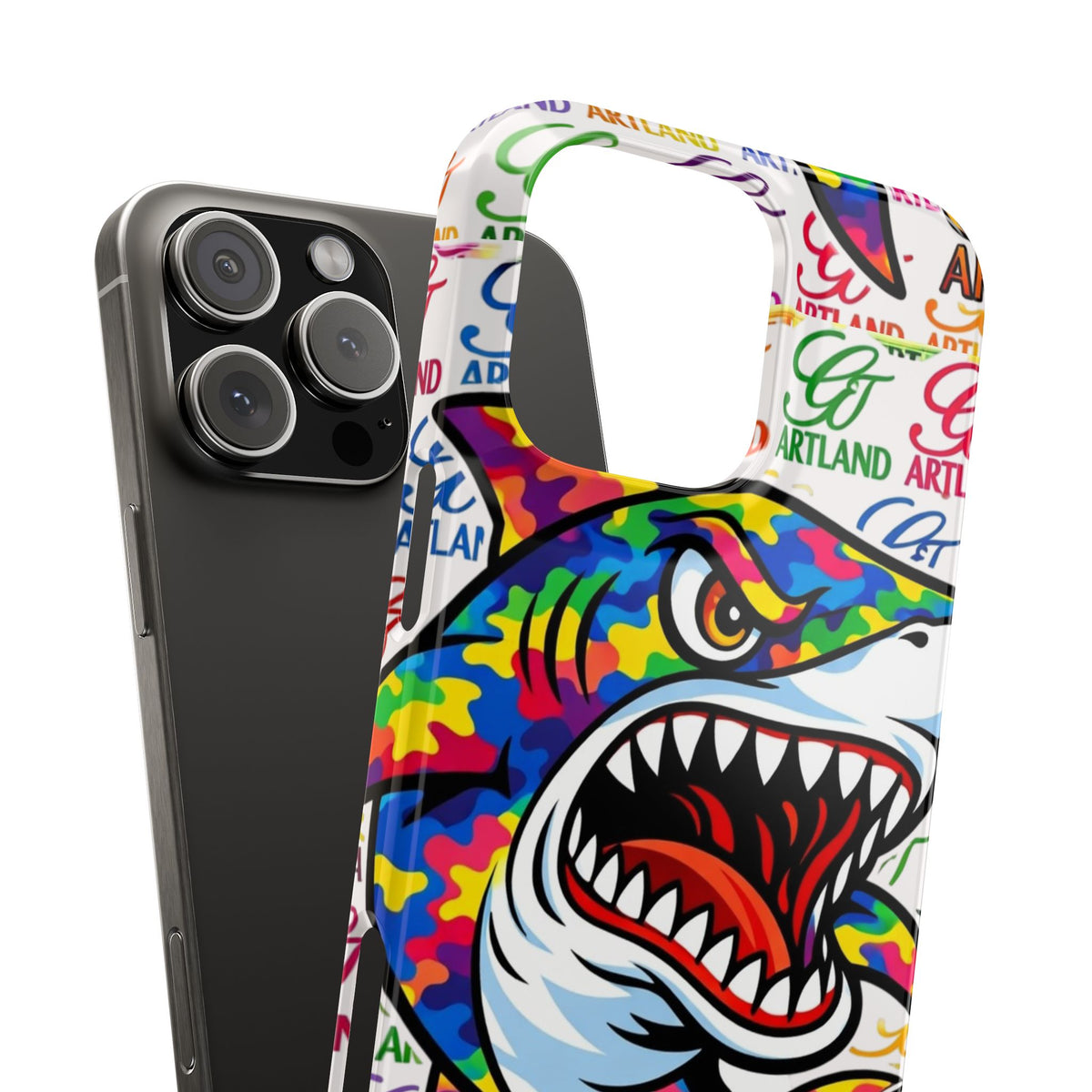 Colorful Camo Designer Shark GT Slim Phone Case | Vibrant Graphic, Artland Logo Background by GT Artland