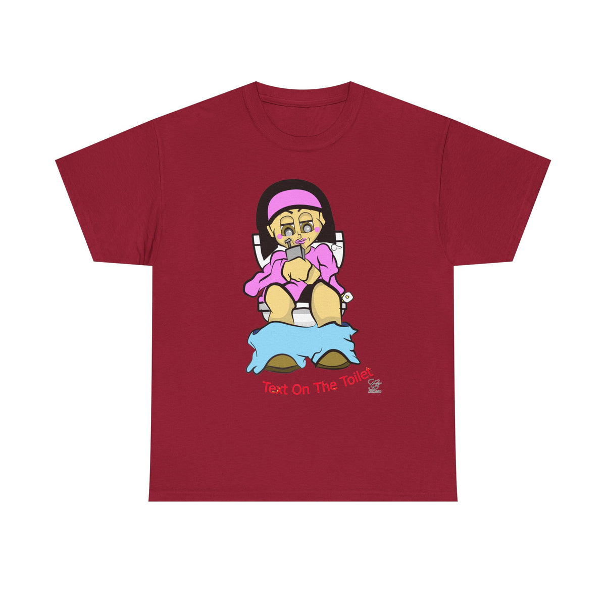 Texting on the Toilet female Illustration T-Shirt | Humor Cartoon Sitting, Text on the Toilet by GT Artland