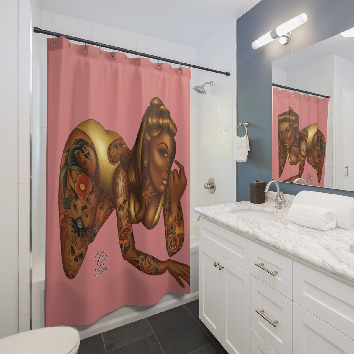 Tattooed Pinup Diva Shower Curtain - Pink Background