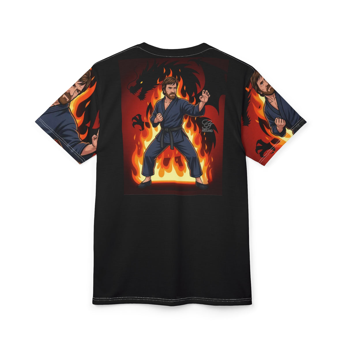Martial Artist Chuck Norris in Flames Tee | Karate Warrior Deluxe Print T-Shirt by GT Artland