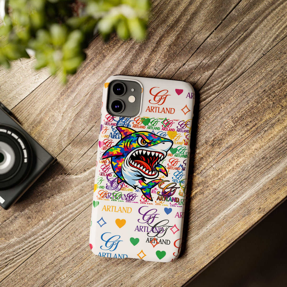 Colorful Designer Shark GT Illustration Slim Phone Case | Rainbow Logo Pattern by GT Artland