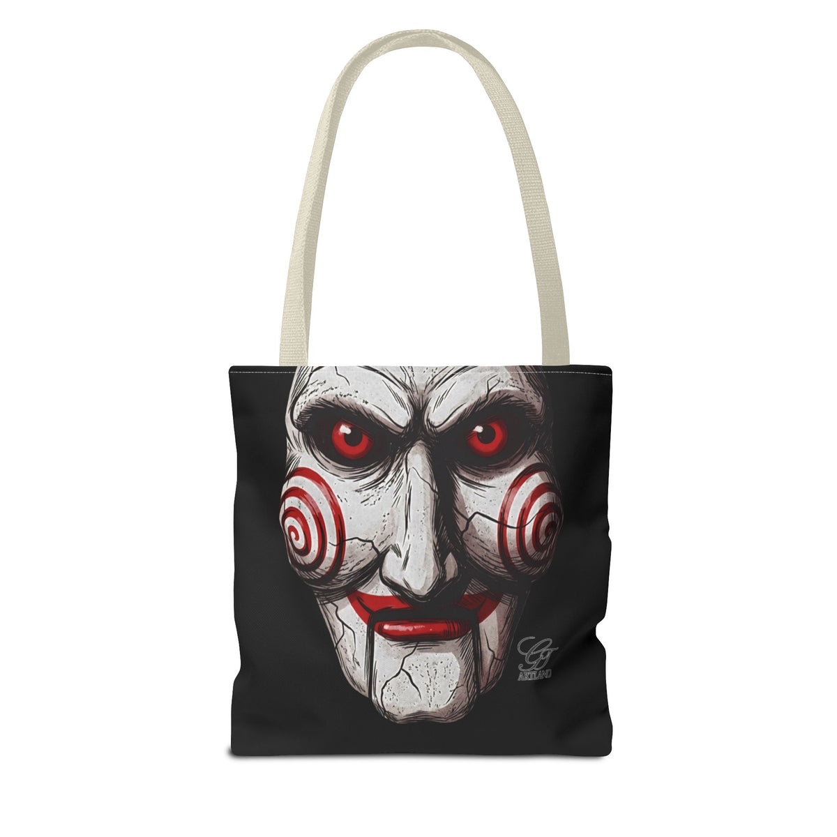 Doll Clown Horror Designer Face Tote Bag | Creepy Red Swirl Puppet Design by GT Artland