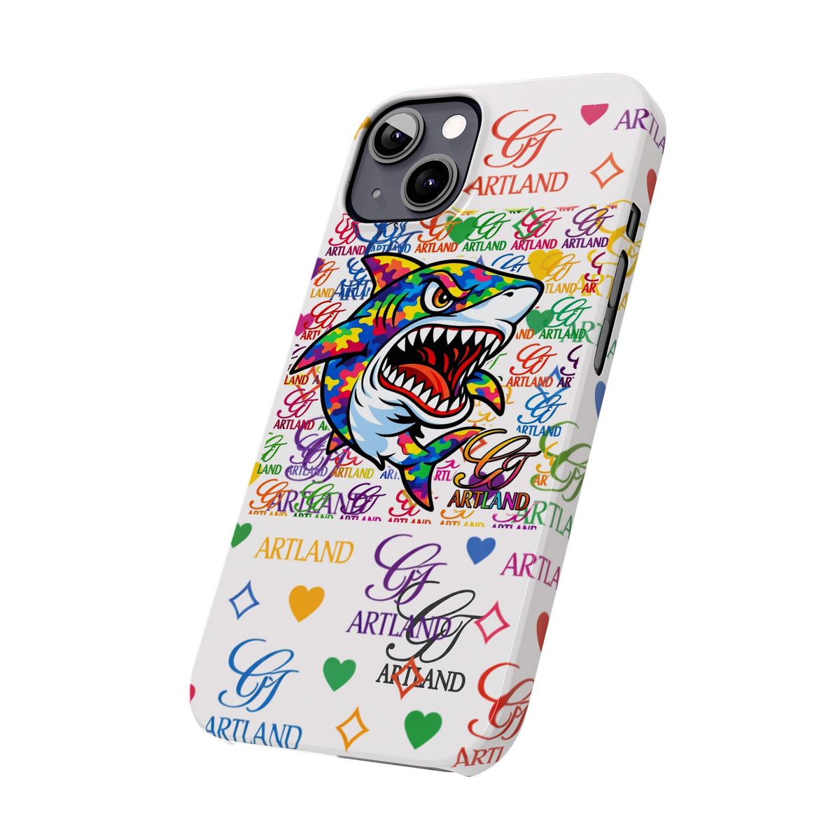 Colorful Designer Shark GT Illustration Slim Phone Case | Rainbow Logo Pattern by GT Artland
