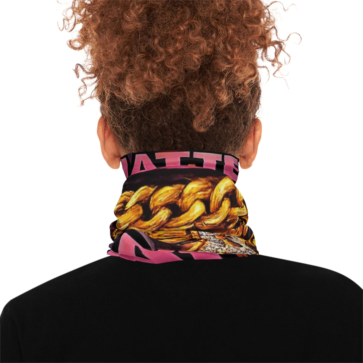 Pig with Gold Chains Neck Gaiter | Bold Cartoon Pig Face, Pink Typography by GT Artland