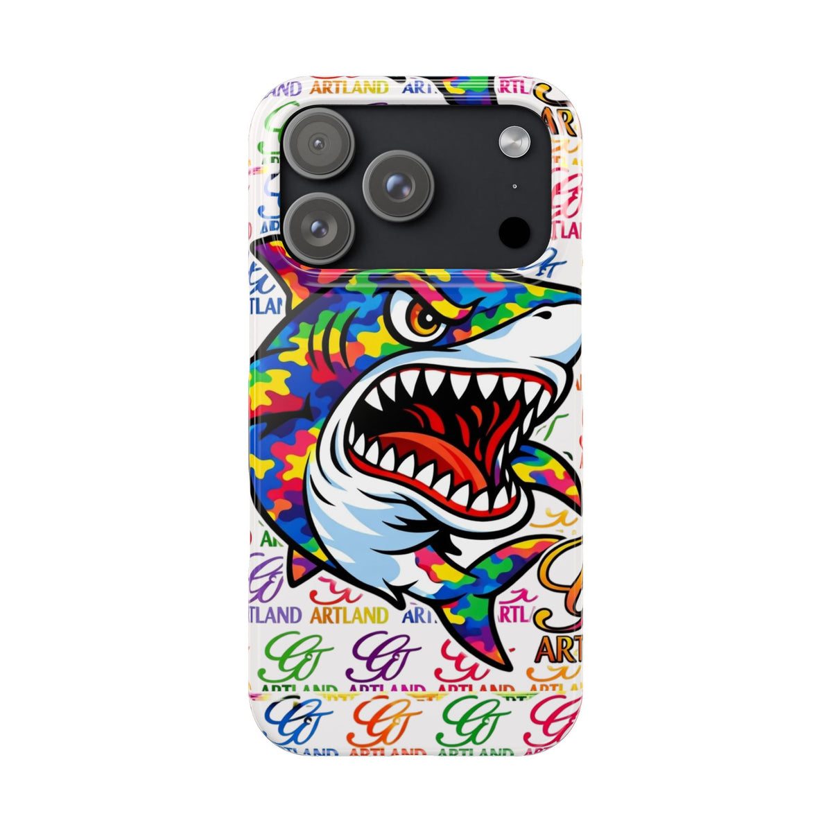 Colorful Camo Designer Shark GT Slim Phone Case | Vibrant Graphic, Artland Logo Background by GT Artland