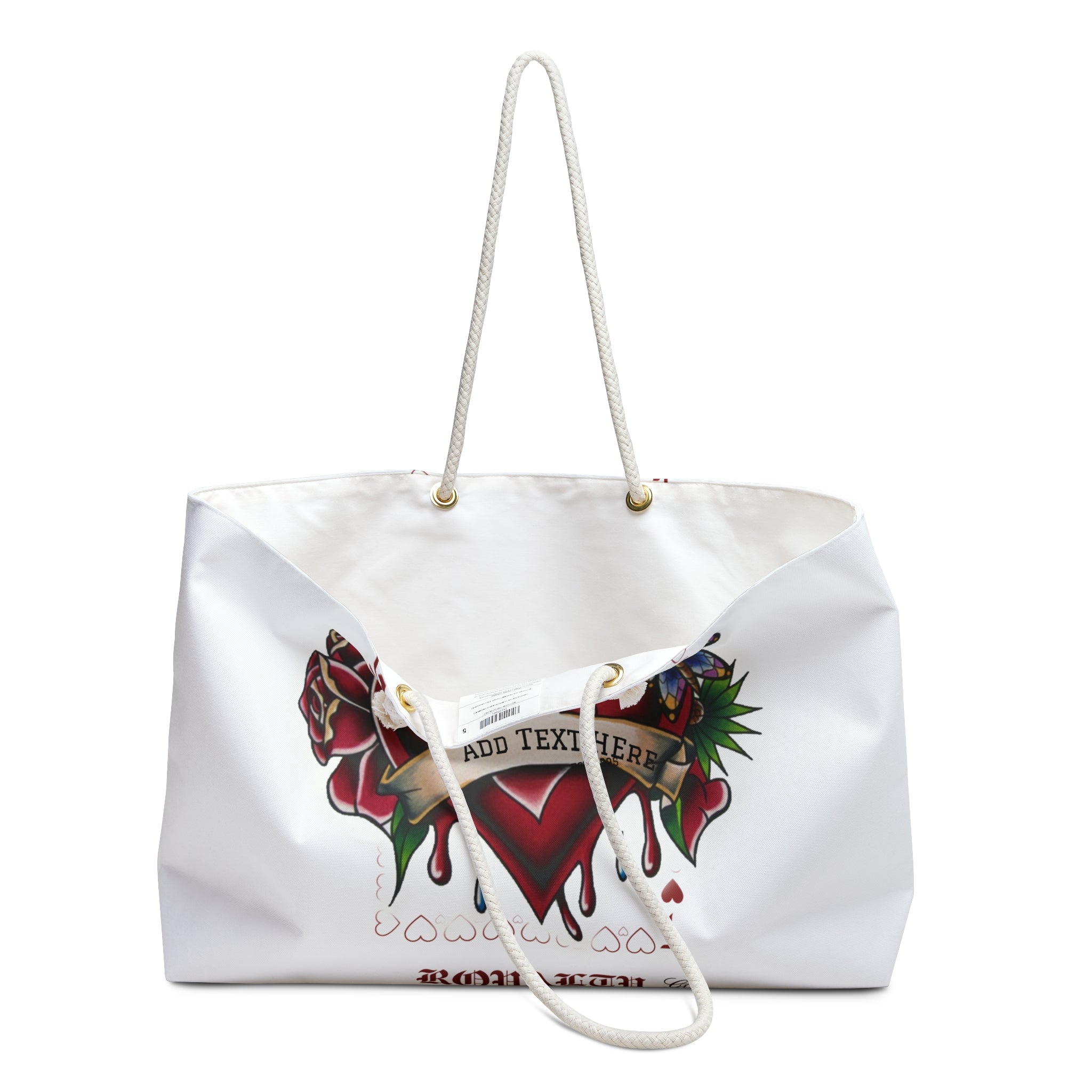 Traditional Tattoo Heart Vintage Designer Rose Art Weekender Bag | Custom Name Banner, Roses & Butterfly by GT Artland