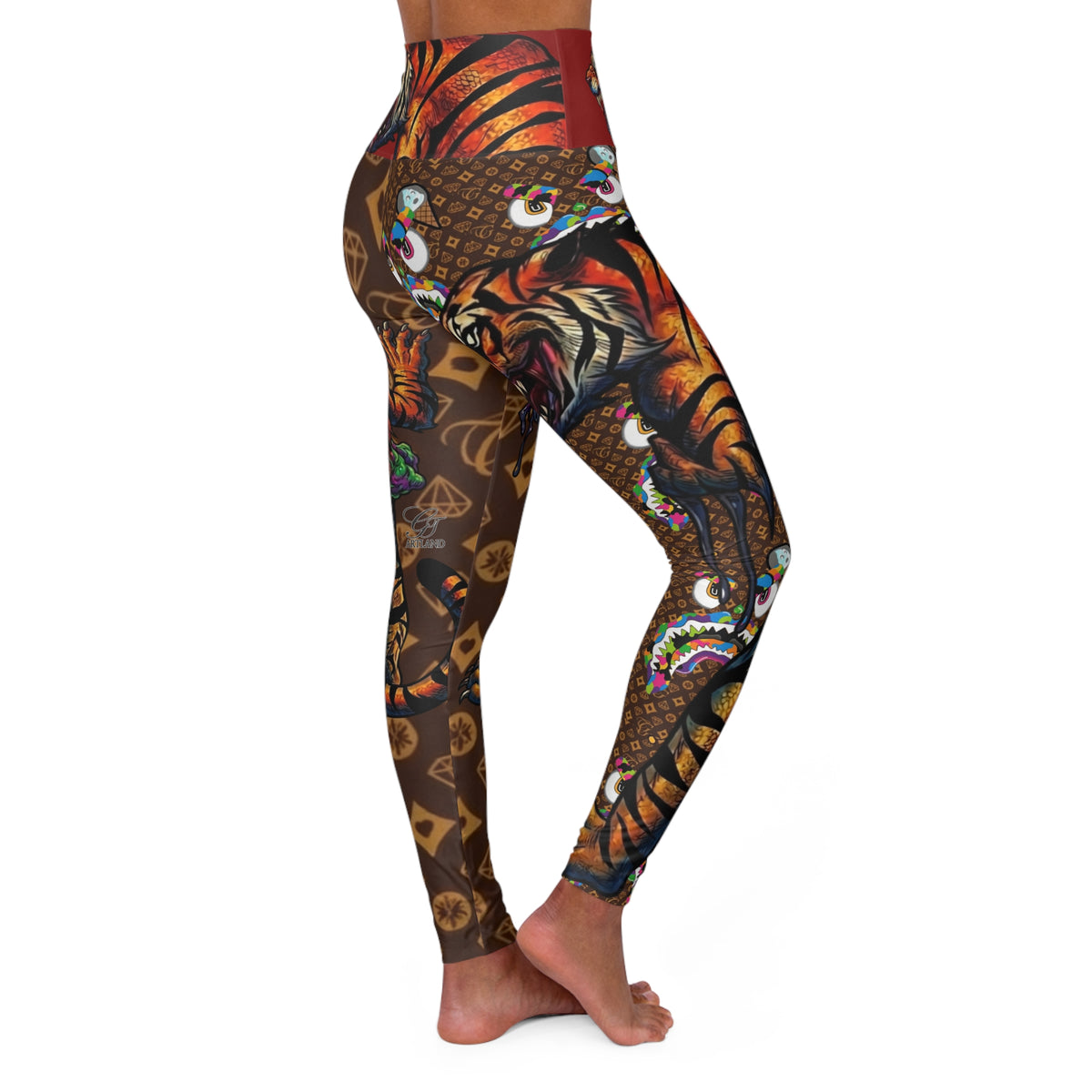 Exotic Tiger Pattern Designer Leggings High Waisted Yoga Leggings | Brown Luxe Monogram by GT Artland