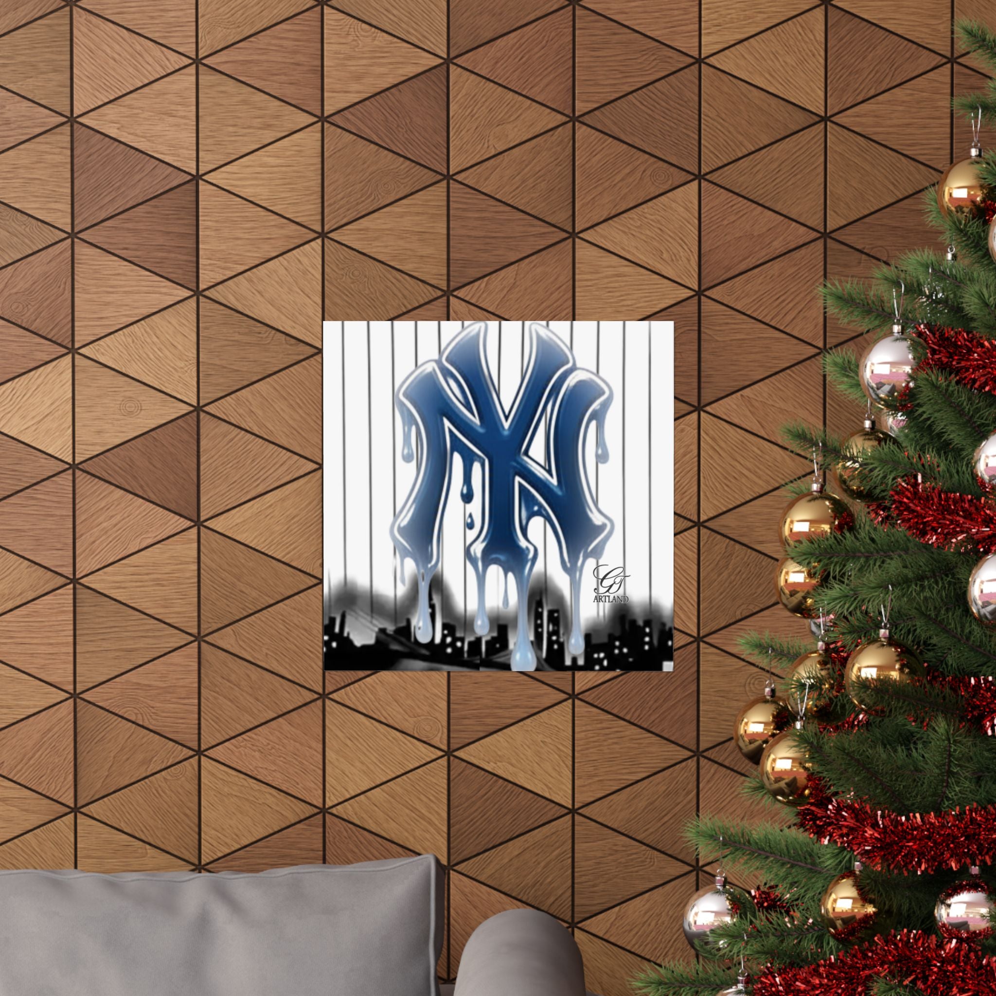 Dripping NY Logo Matte Vertical Poster | Baseball Pinstripe Art by GT Artland