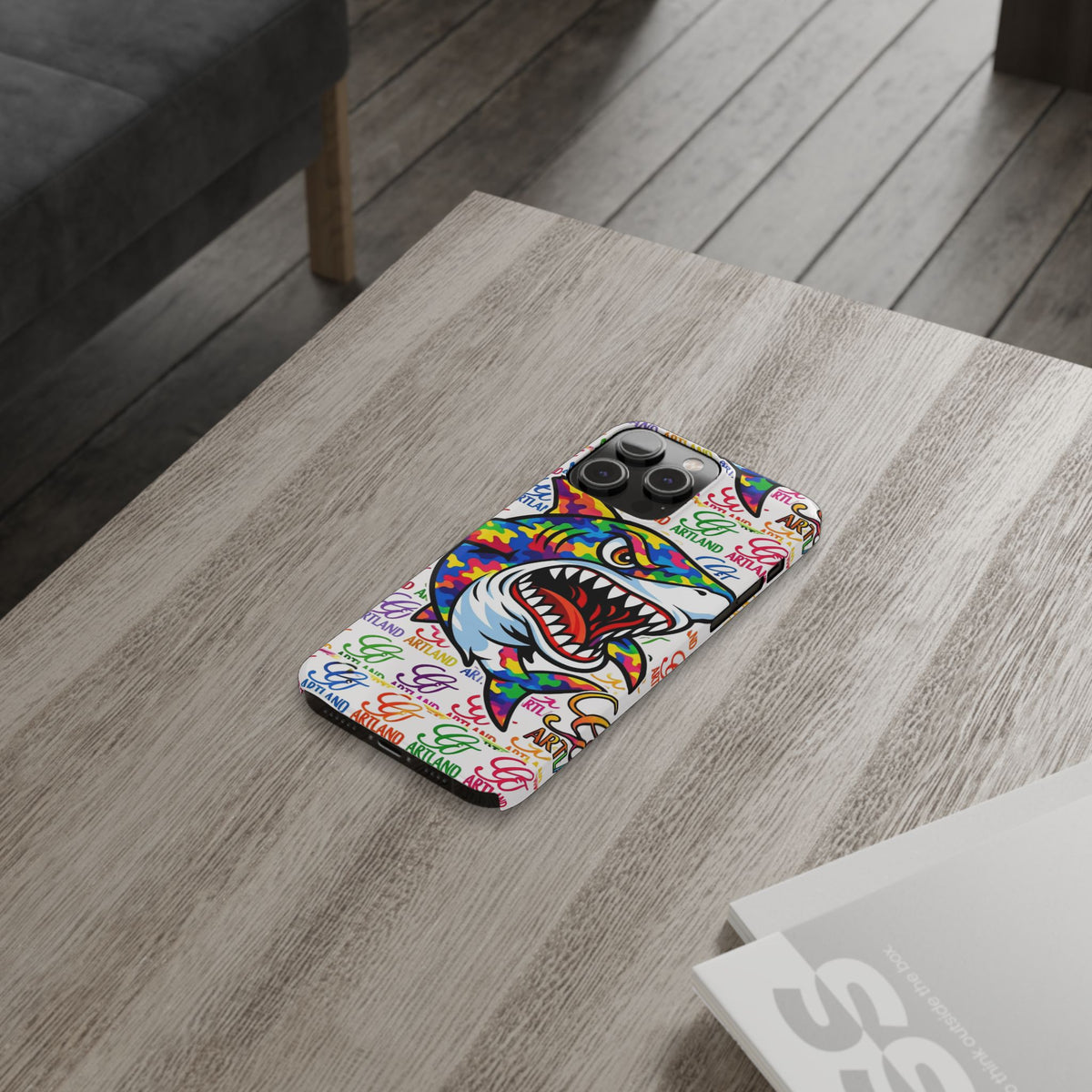 Colorful Camo Designer Shark GT Slim Phone Case | Vibrant Graphic, Artland Logo Background by GT Artland