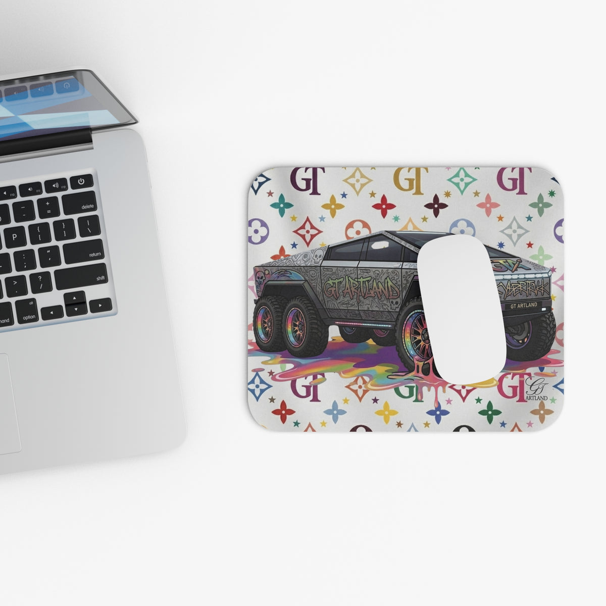 Cybertruck Art Car Mouse Pad | Rainbow Drip Luxury Monogram Background by GT Artland