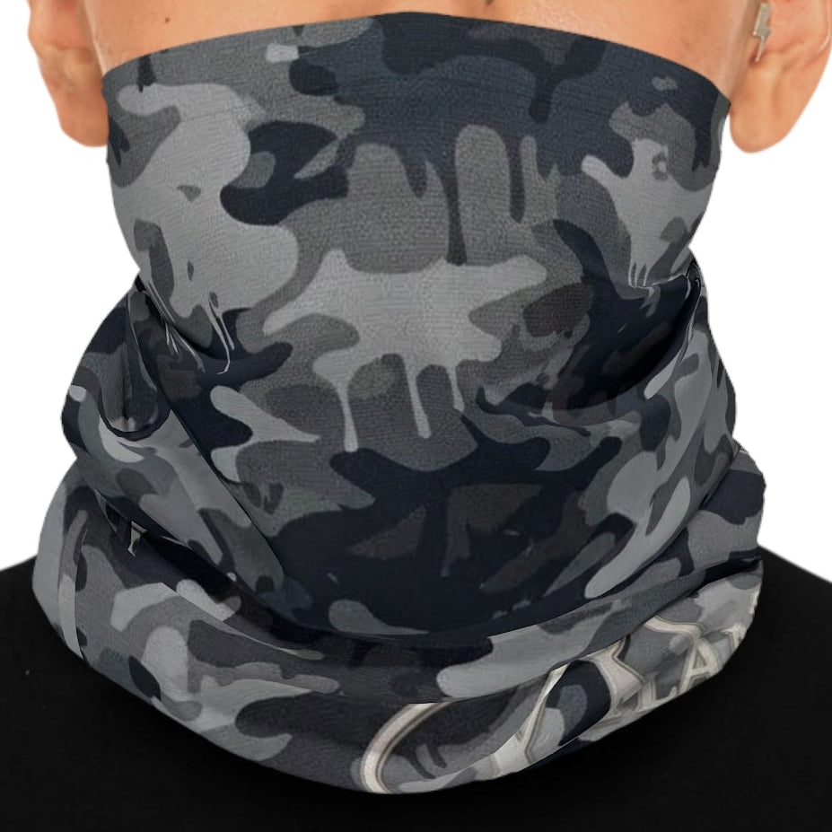 Camo Militant Drip Neck Gaiter —Black and Gray Designer Urban Camouflage Face Mask & Headband by GT Artland