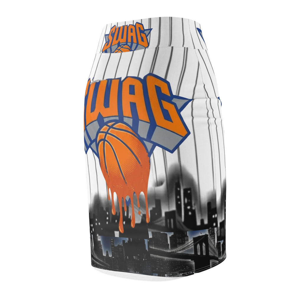 SWAG Dripping Basketball pencil skirt | city skyline, pinstripe sports design