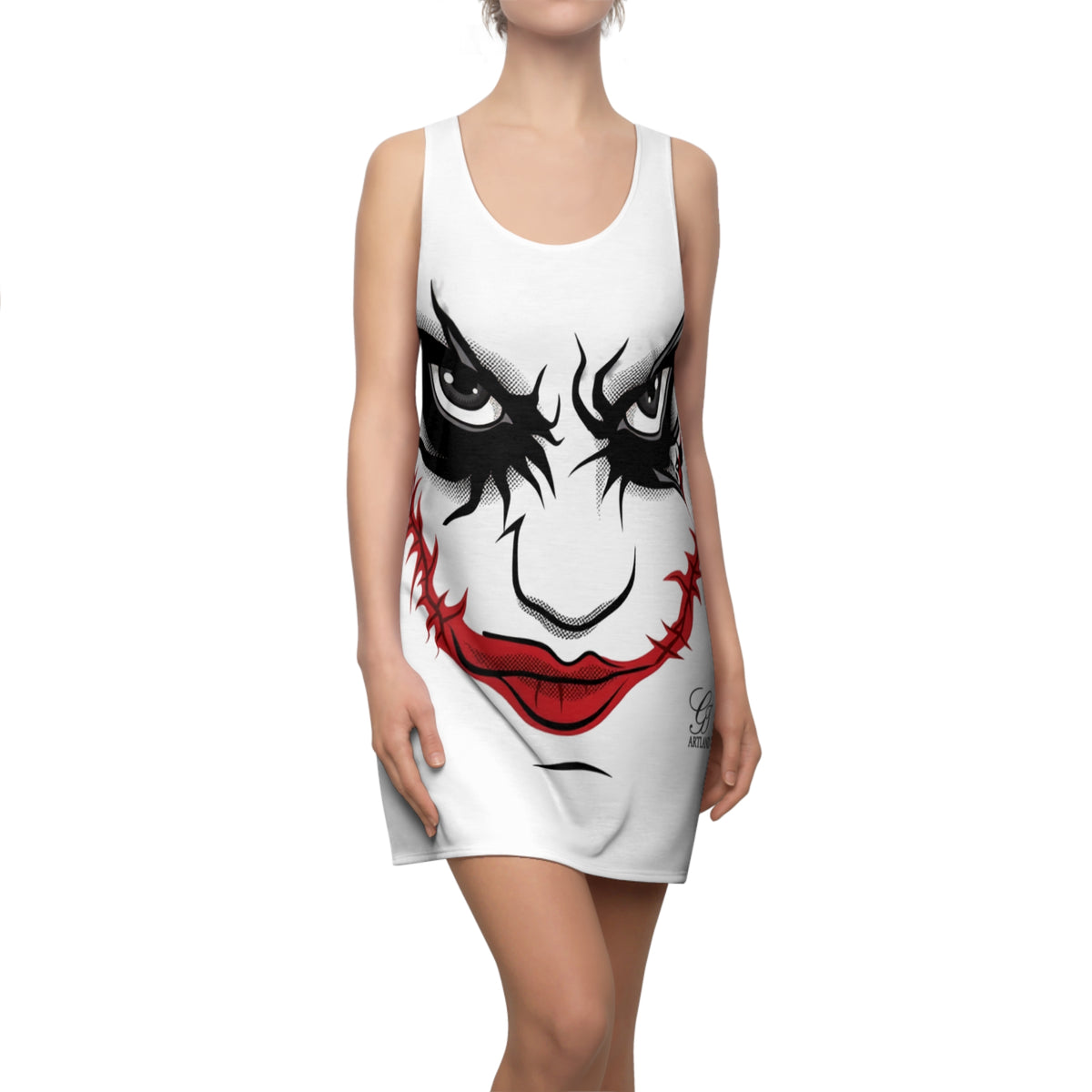 Evil Clown Face Black Smudge Red Lipstick Designer Airbrush Racerback Dress by GT Artland