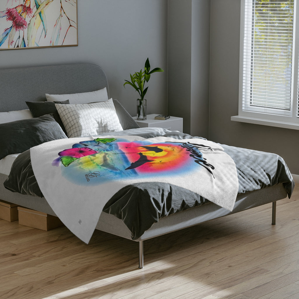 Airbrush Sunset Dolphins Velveteen Microfiber Blanket | Tropical Hibiscus Ocean Scene by GT Artland