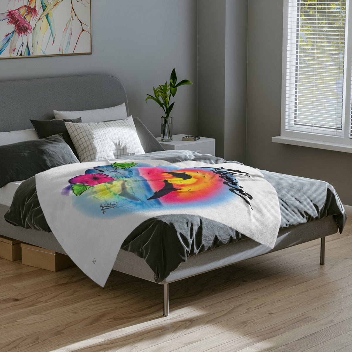 Airbrush Sunset Dolphins Velveteen Microfiber Blanket | Tropical Hibiscus Ocean Scene by GT Artland
