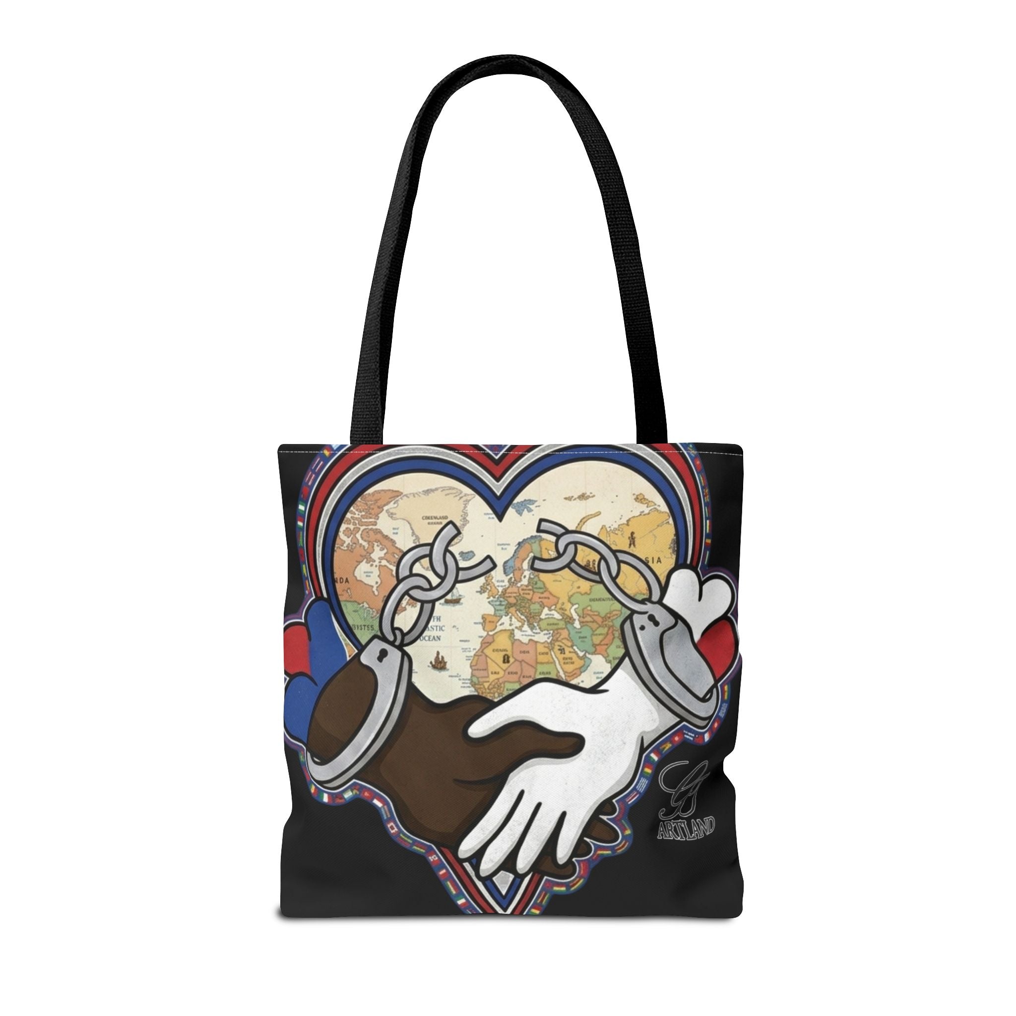 Interracial Unity Heart Handcuffs Tote Bag | All-Over Print by GT Artland