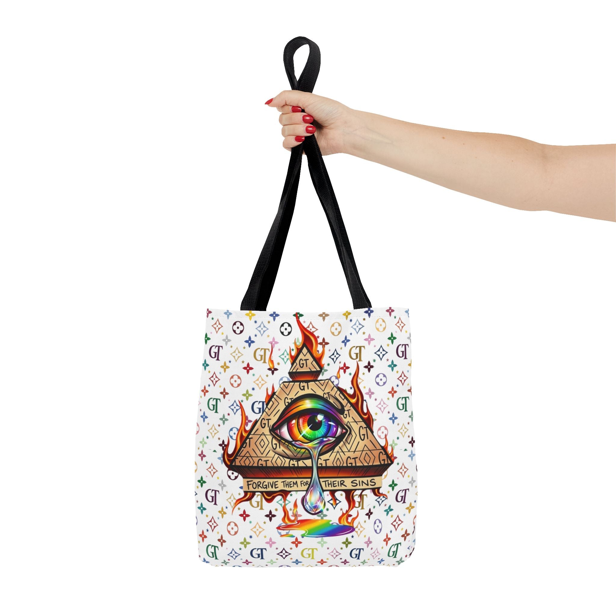 All-Seeing Eye Rainbow Pyramid Tote Bag — Forgive Them For Their Sins by GT Artland