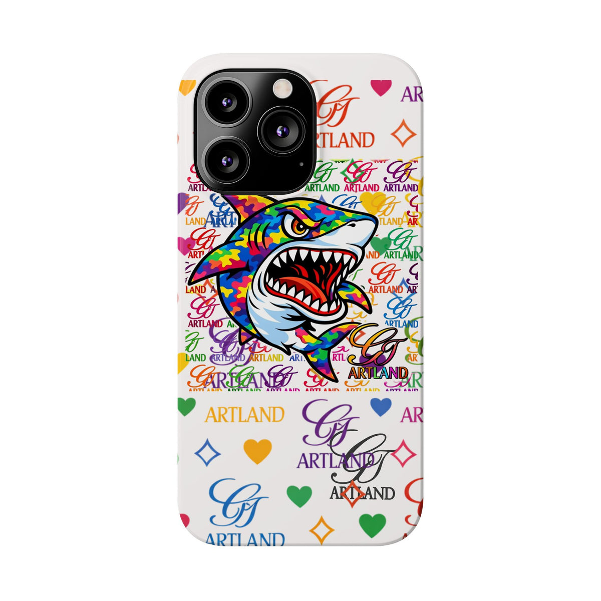 Colorful Designer Shark GT Illustration Slim Phone Case | Rainbow Logo Pattern by GT Artland