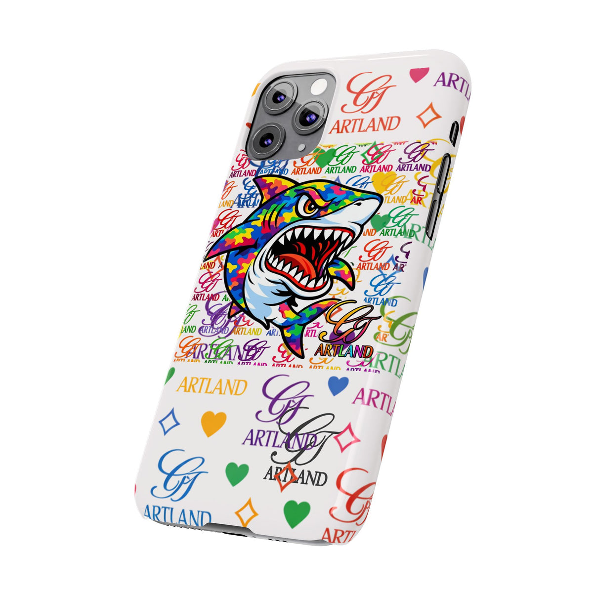 Colorful Designer Shark GT Illustration Slim Phone Case | Rainbow Logo Pattern by GT Artland