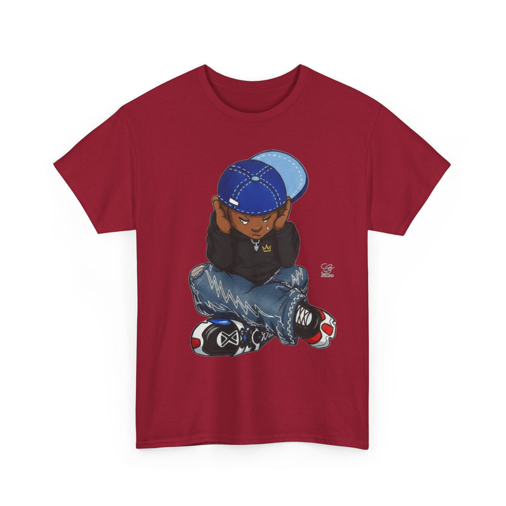 Ebony Sad Kid Illustration T-Shirt | Sitting Boy Graphic Tee b