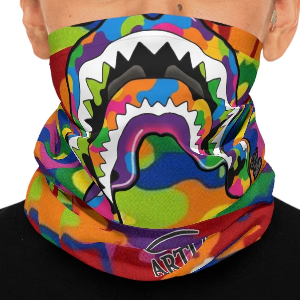 Rainbow Camo Neck Gaiter — Drip Shark Designer, Vibrant Festival Face Covering by GT Artland