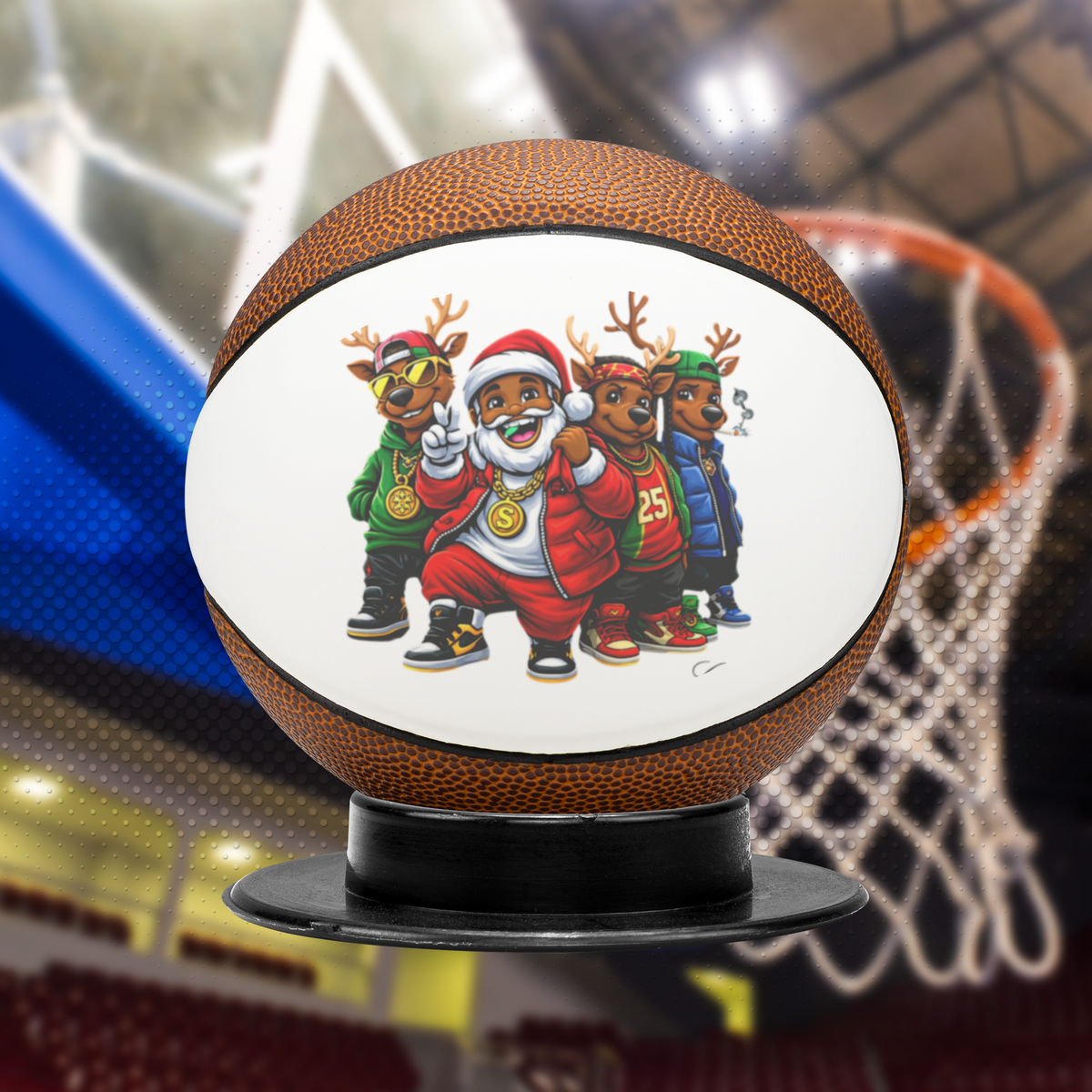 Ebony Xmas Santa and his Reindeer Crew Hip Hop High Fashion Styled Basketball: Mini One Panel