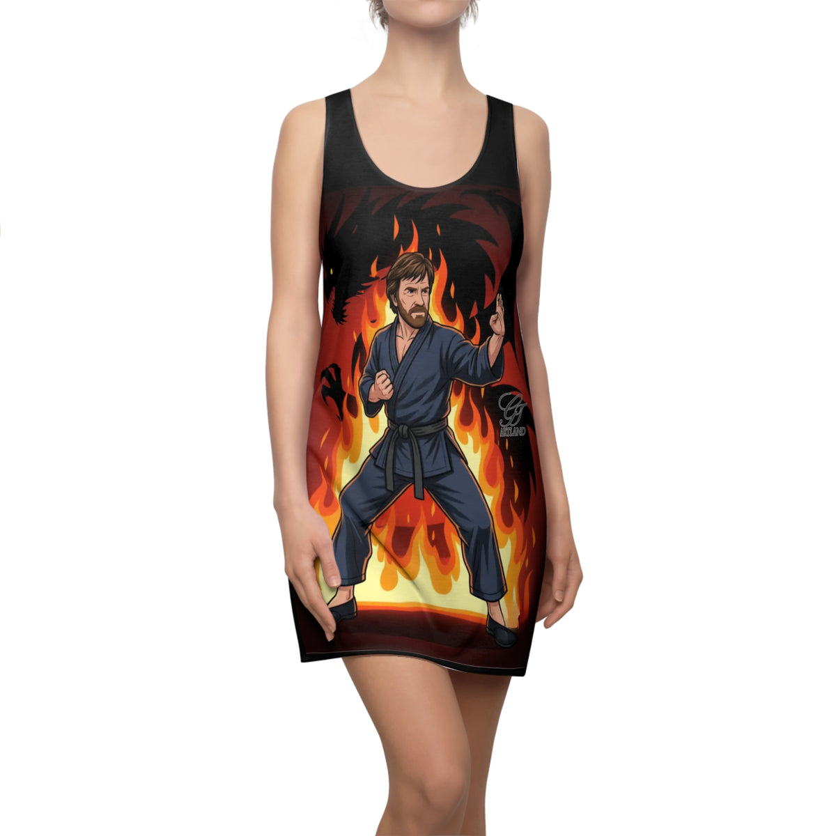 Karate Fighter Chuck Norris with Flaming Dragon Racerback Dress | Martial Arts by GT Artland