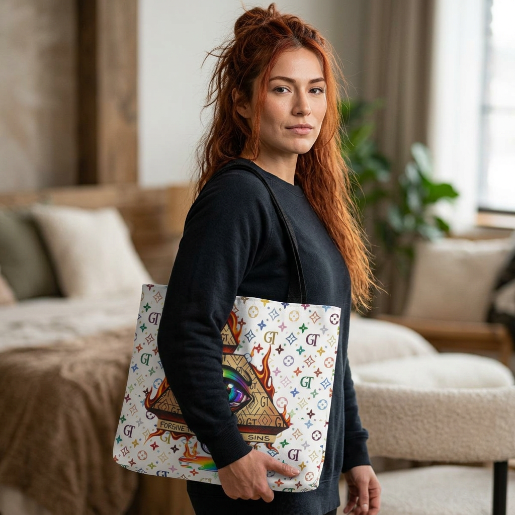 All-Seeing Eye Rainbow Pyramid Tote Bag — Forgive Them For Their Sins by GT Artland