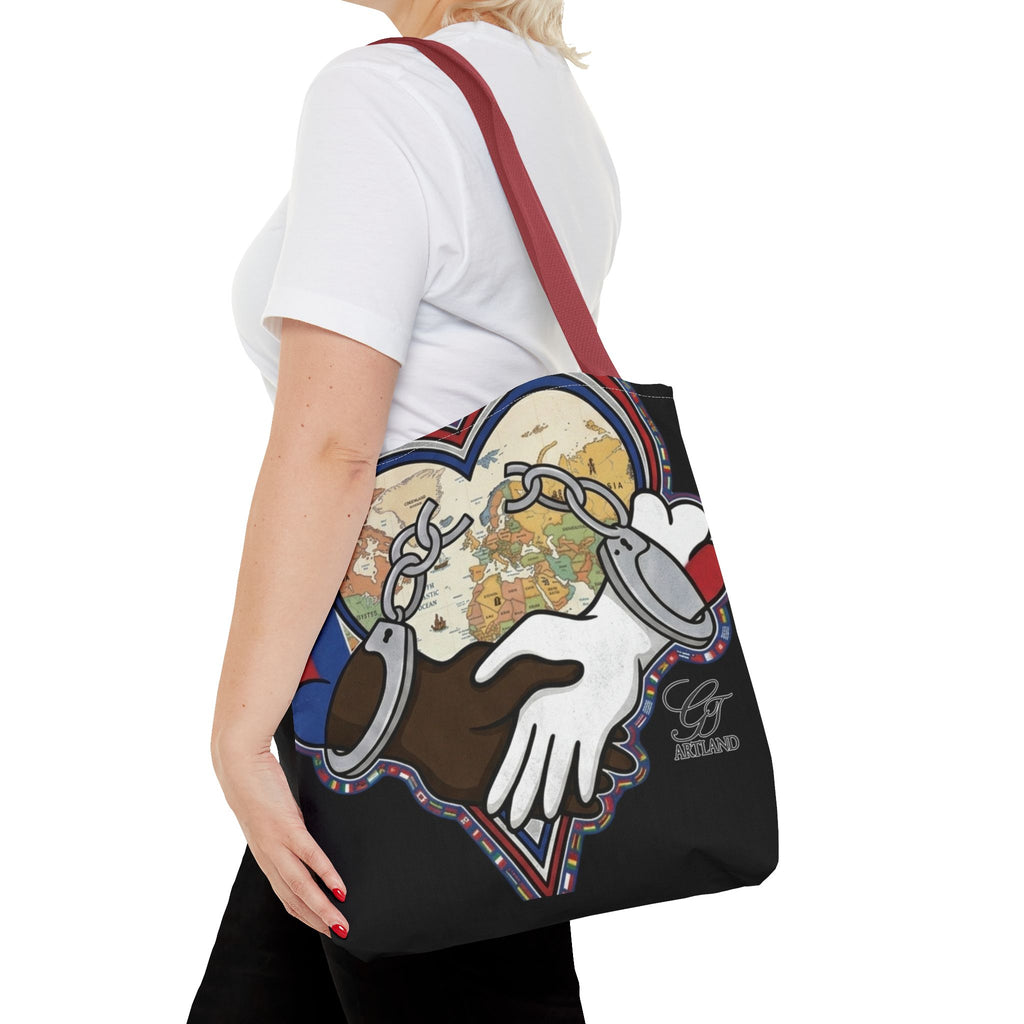Interracial Unity Heart Handcuffs Tote Bag | All-Over Print by GT Artland