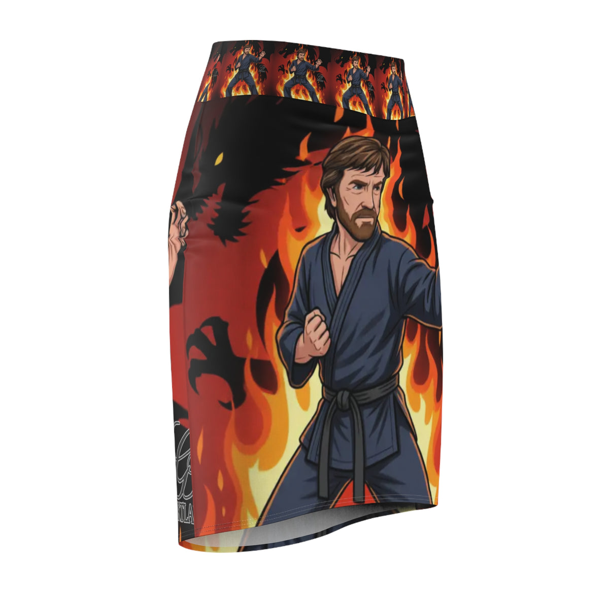 Martial Artist Chuck Norris in Flames Pencil Skirt | Karate Fighter Fire Design by GT Artland