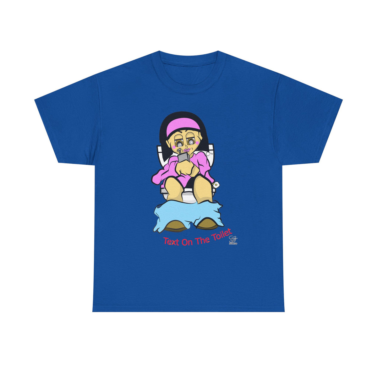 Texting on the Toilet female Illustration T-Shirt | Humor Cartoon Sitting, Text on the Toilet by GT Artland