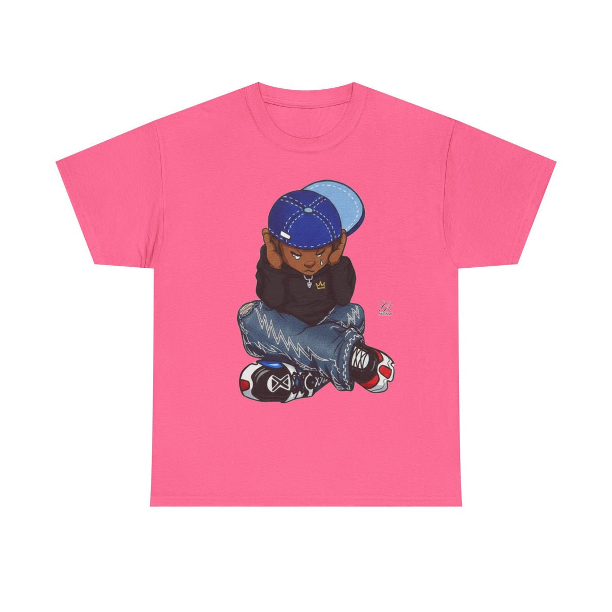 Ebony Sad Kid Illustration T-Shirt | Sitting Boy Graphic Tee b