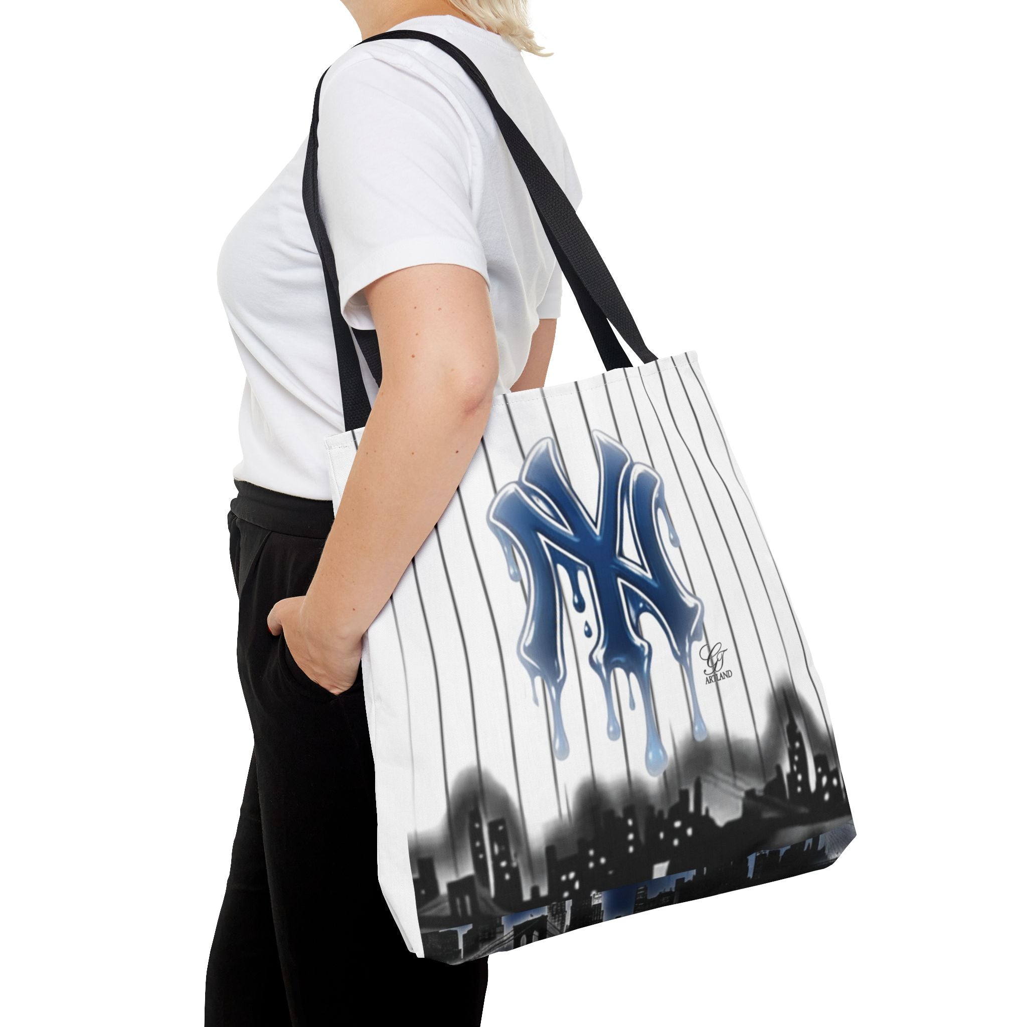 Drip NY Fan Gear Logo Pinstripe Tote Bag — Urban Baseball Cityscape by GT Artland