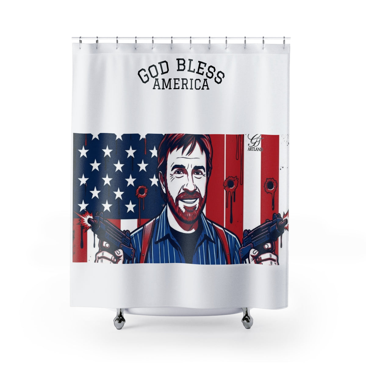 God Bless America Chuck Norris Shower Curtain | Patriotic Flag Bathroom Decor