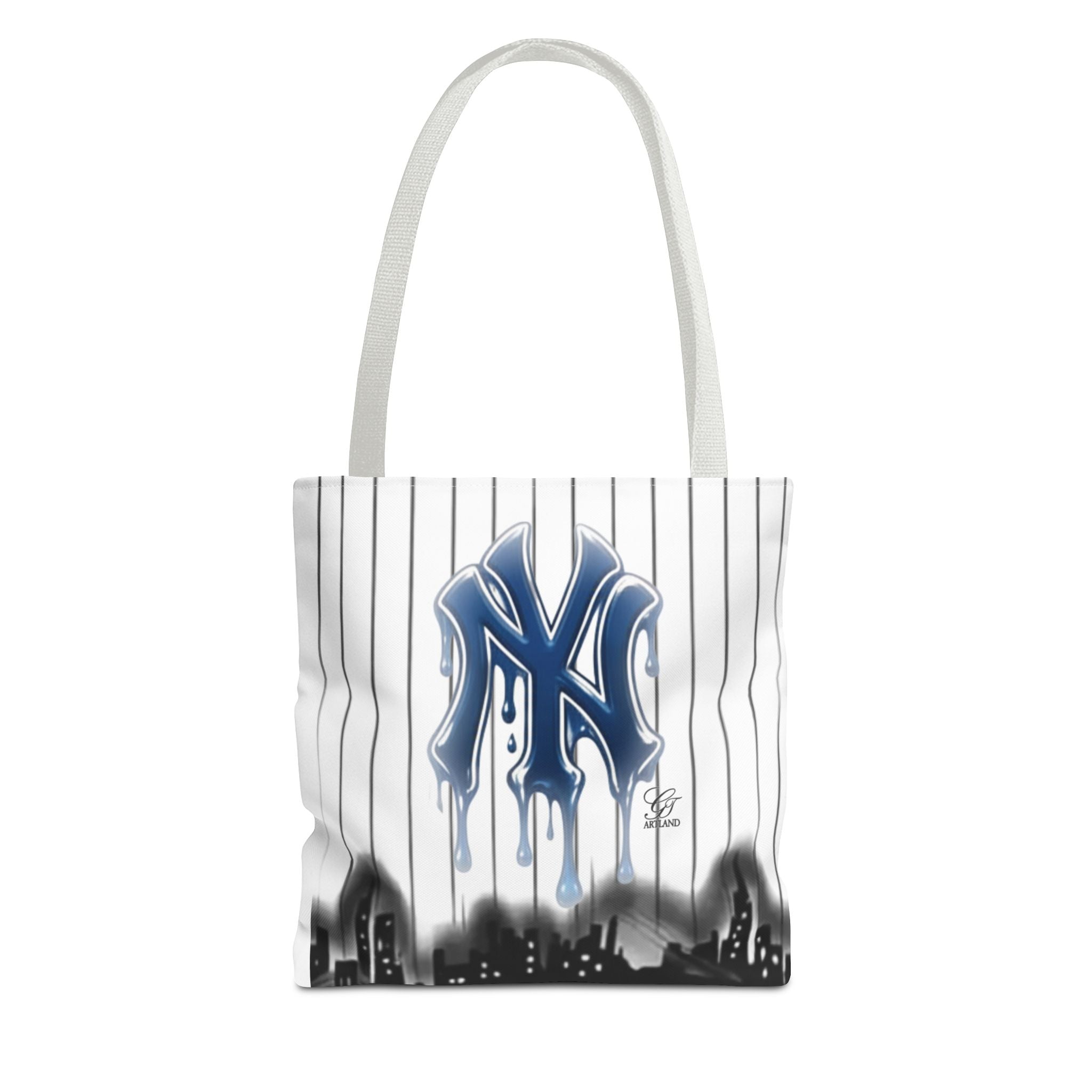 Drip NY Fan Gear Logo Pinstripe Tote Bag — Urban Baseball Cityscape by GT Artland