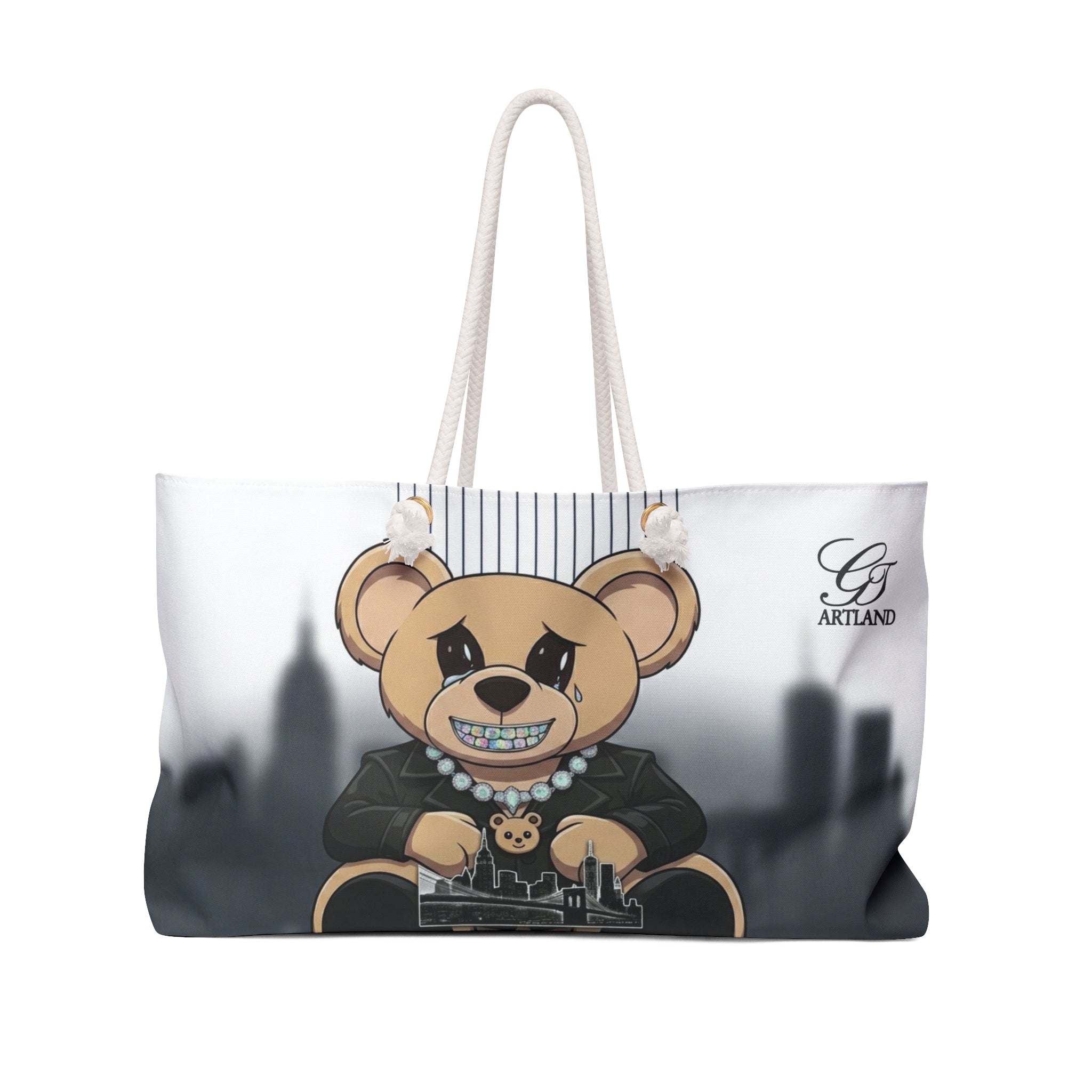 Diamond Grill Diamond Designer Teddy Bear Weekender Bag | City Skyline, Cute Bear Illustration by GT Artland