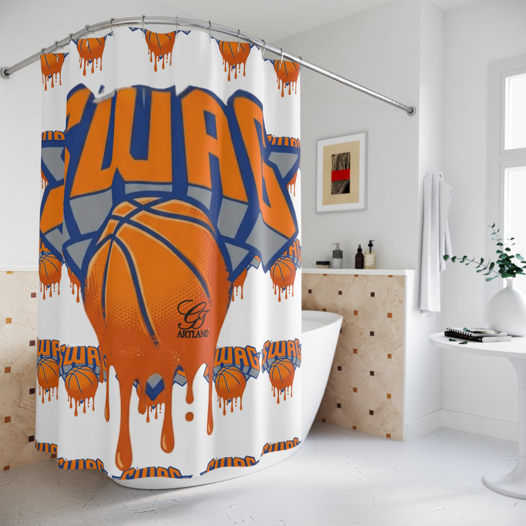SWAG Designer Drip Basketball Shower Curtain | Sports Theme, Orange Blue by GT Artland