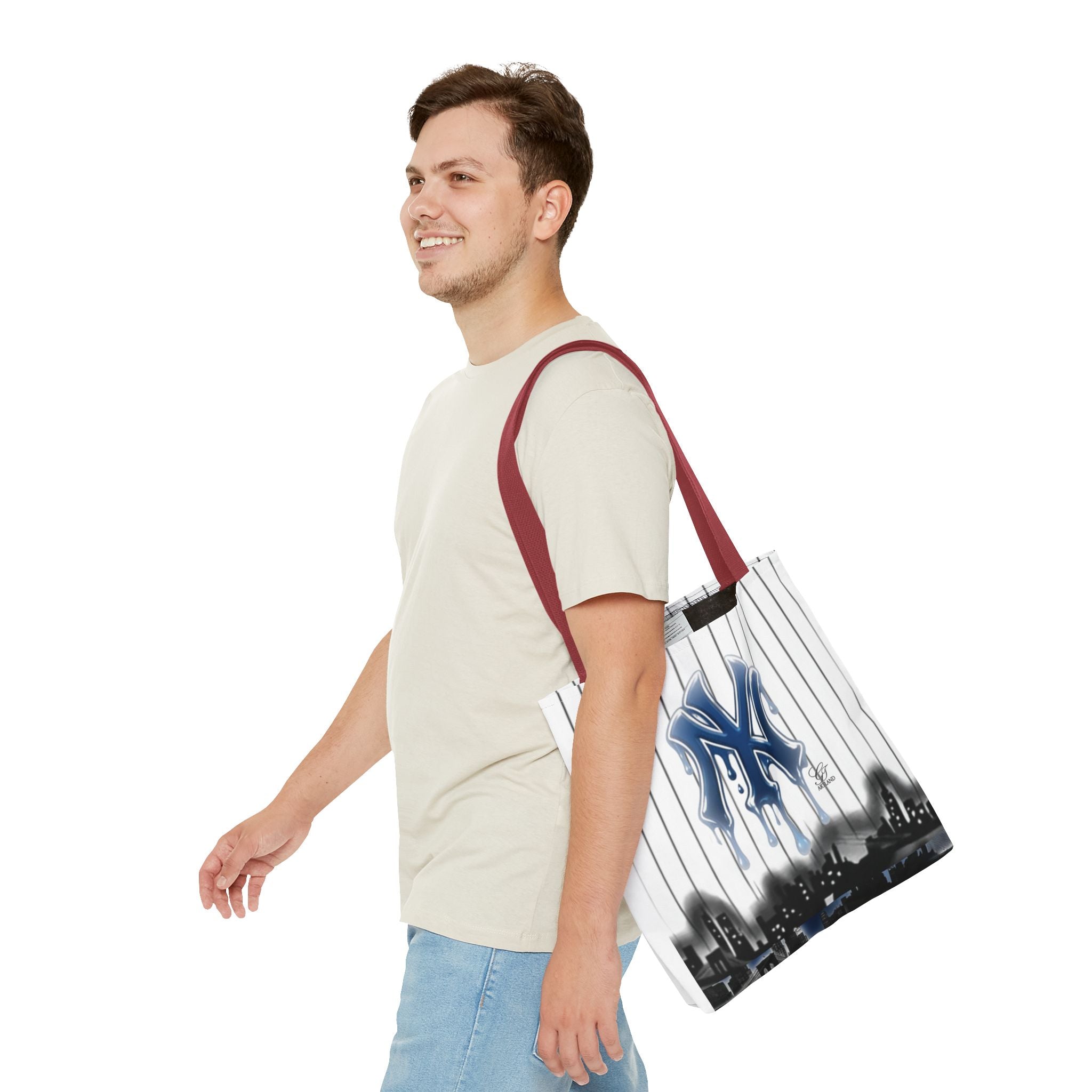 Drip NY Fan Gear Logo Pinstripe Tote Bag — Urban Baseball Cityscape by GT Artland