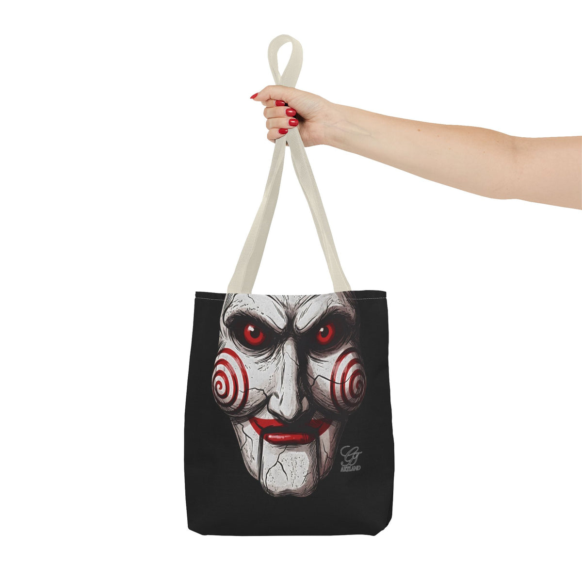 Doll Clown Horror Designer Face Tote Bag | Creepy Red Swirl Puppet Design by GT Artland