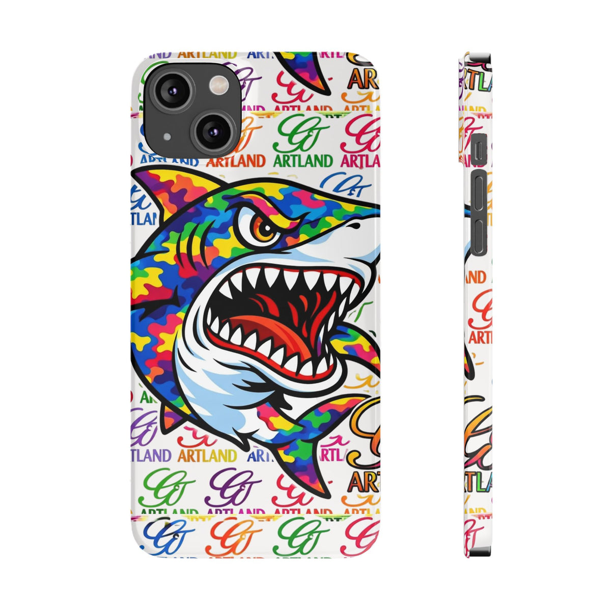 Colorful Camo Designer Shark GT Slim Phone Case | Vibrant Graphic, Artland Logo Background by GT Artland