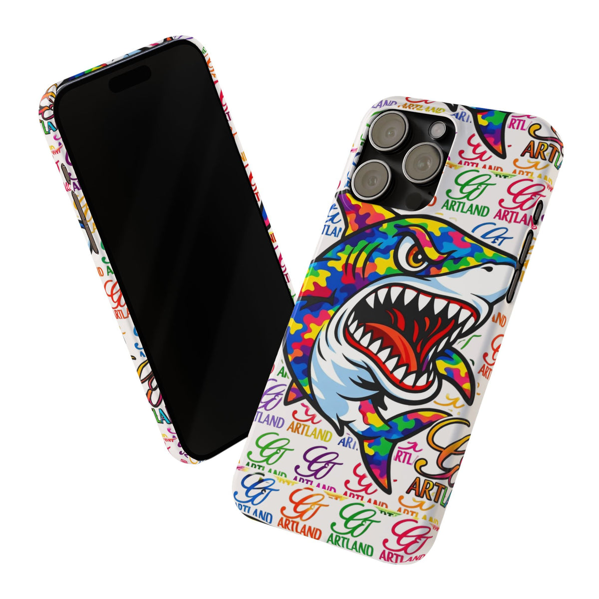 Colorful Camo Designer Shark GT Slim Phone Case | Vibrant Graphic, Artland Logo Background by GT Artland