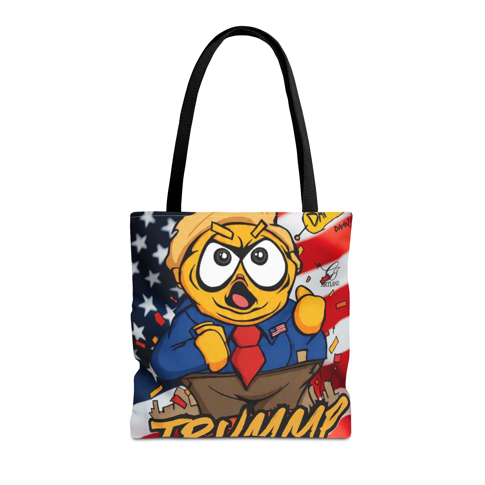 Patriotic Cartoon Politician Tote Bag – American Flag Trump Chicken Design by GT Artland