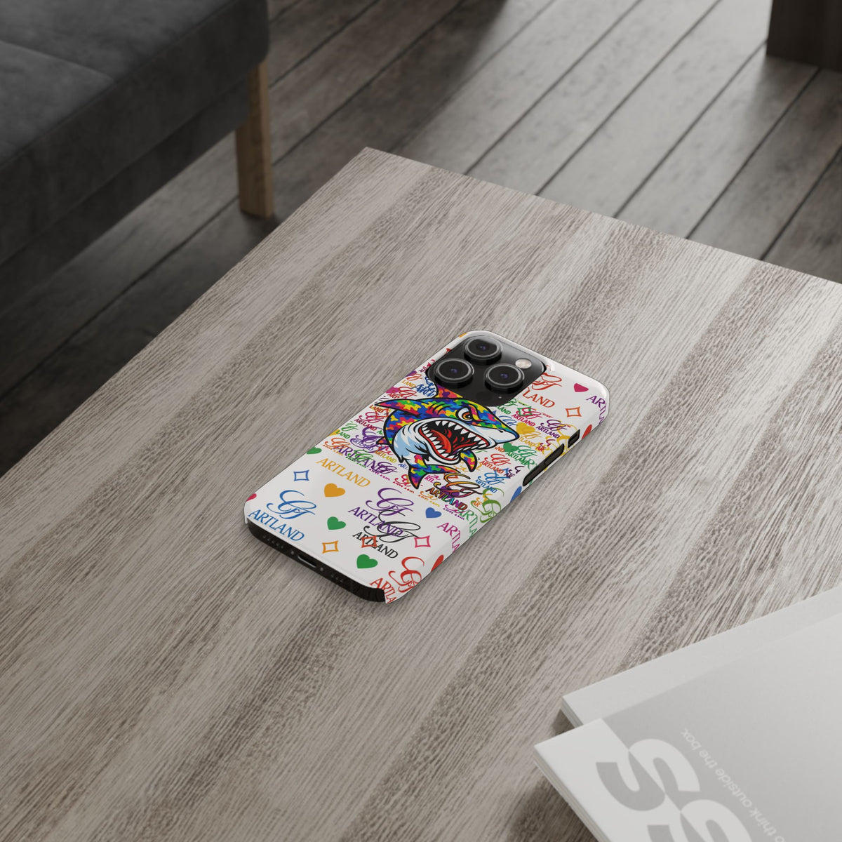 Colorful Designer Shark GT Illustration Slim Phone Case | Rainbow Logo Pattern by GT Artland
