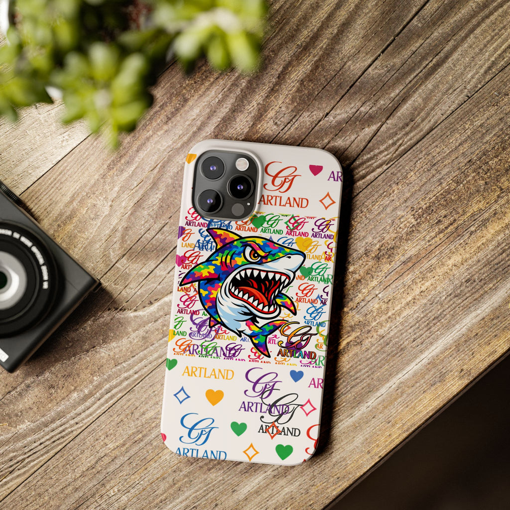 Colorful Designer Shark GT Illustration Slim Phone Case | Rainbow Logo Pattern by GT Artland