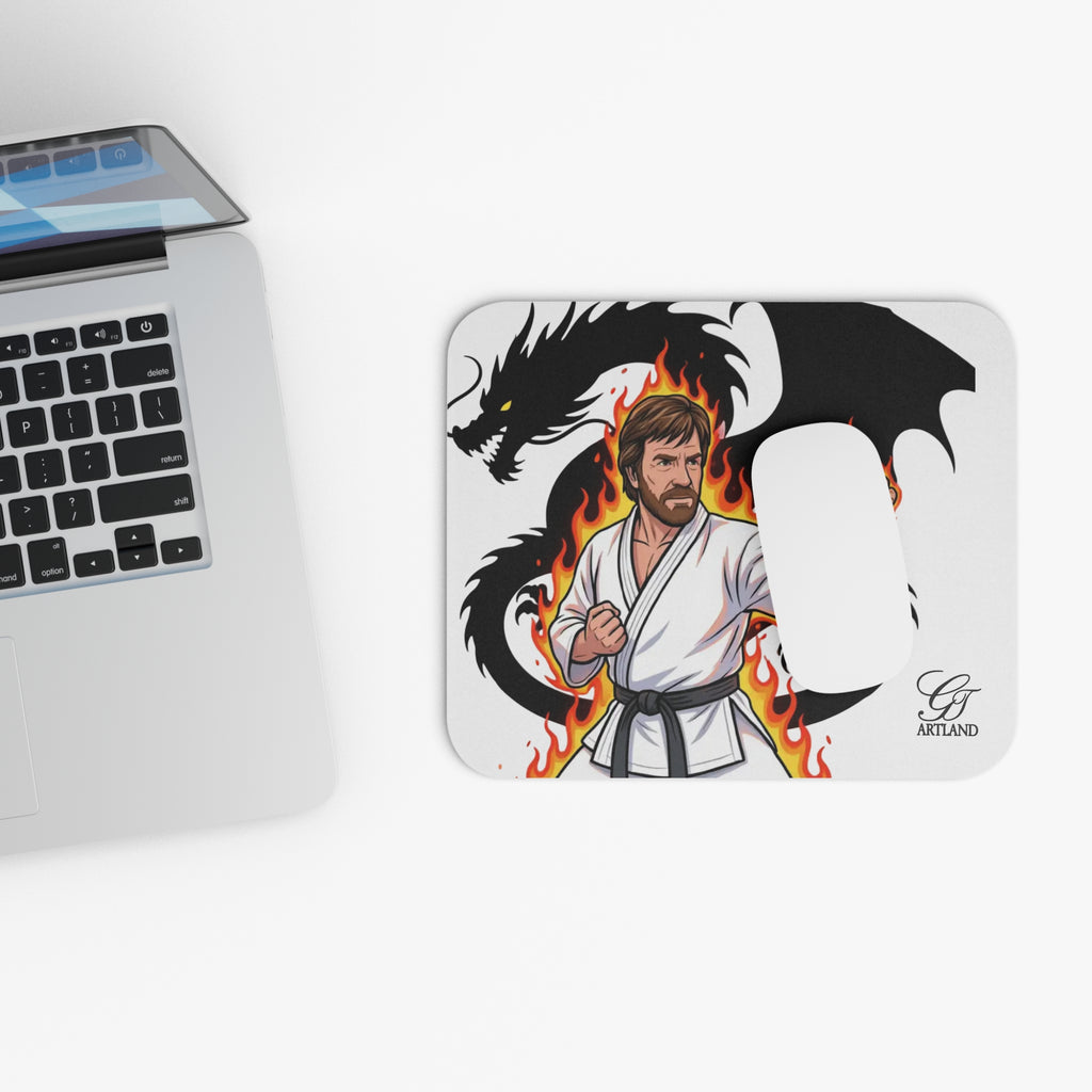 Martial Artist Chuck Norris with Dragon Flames Mouse Pad | Karate Dragon Desk Mat