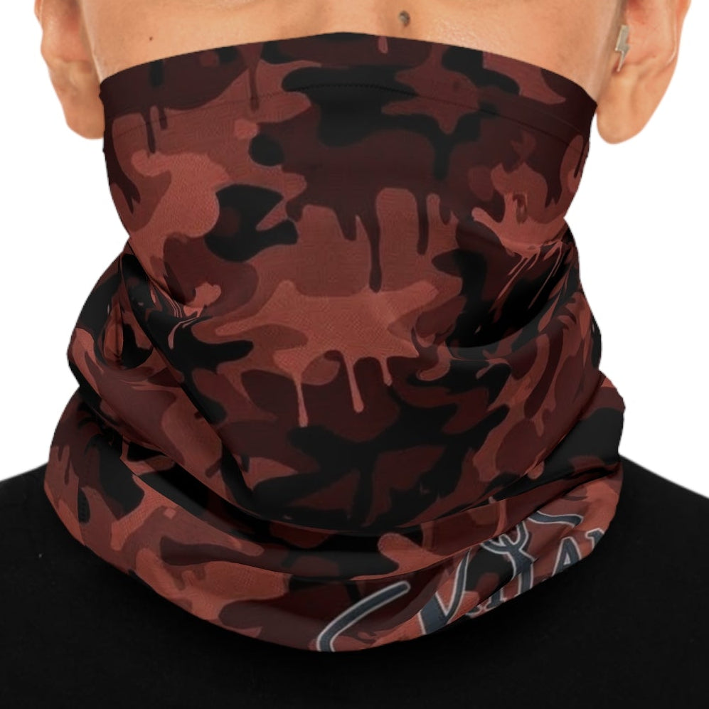 Red Camo Neck Gaiter — Midweight Face Mask with Drip Camouflage Design by GT Artland