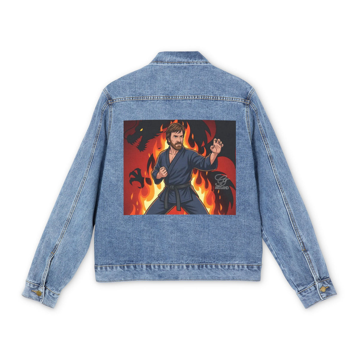 Karate Master Chuck Norris Flames Men's Denim Jacket | Martial Arts Back Patch by GT Artland