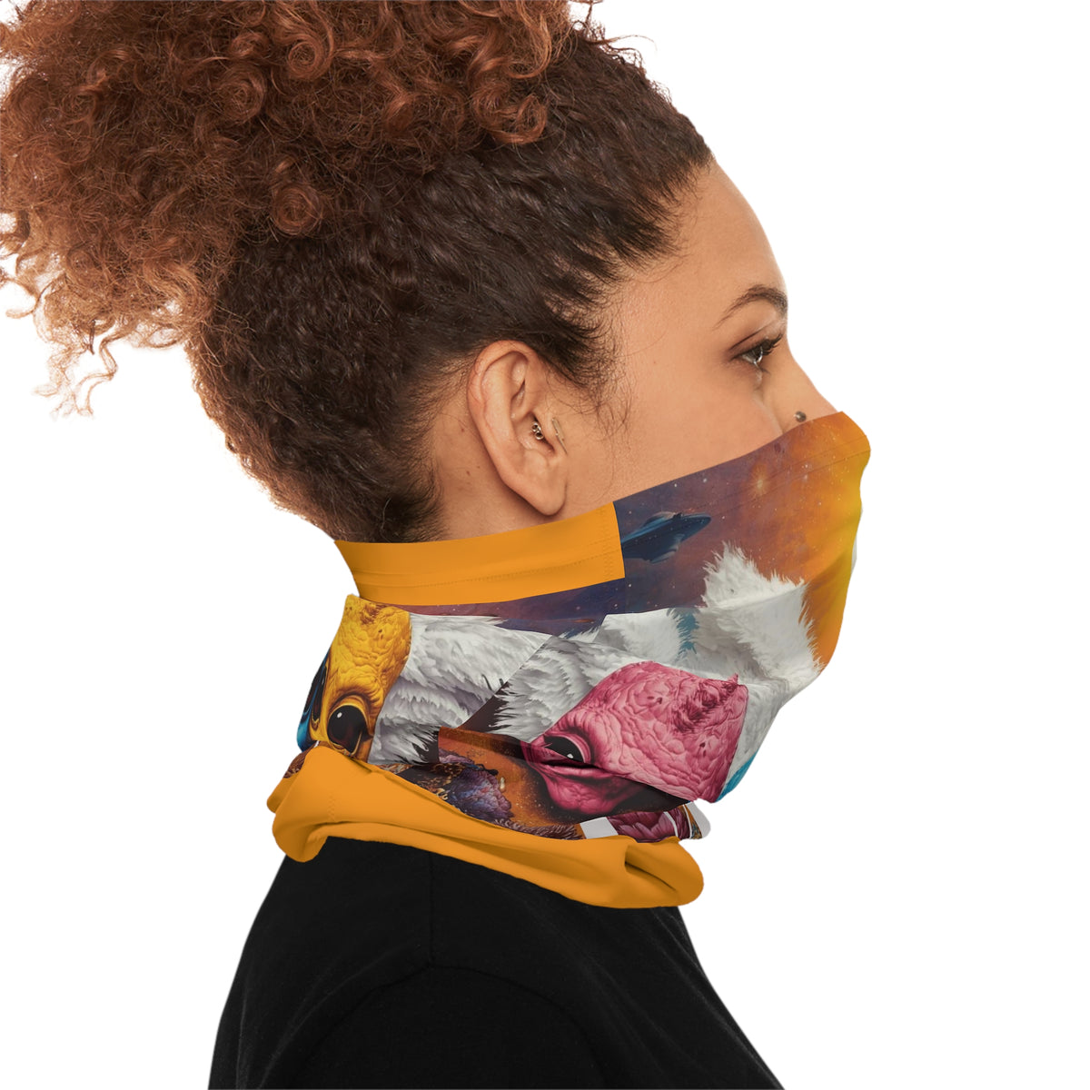 Triple Alien Heads UFO neck gaiter | colorful extraterrestrial face print